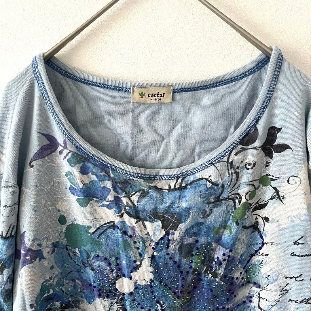 カクタス カットソー トップス ラウンドネック 花柄 XL 青 綿 USA製 — image 2