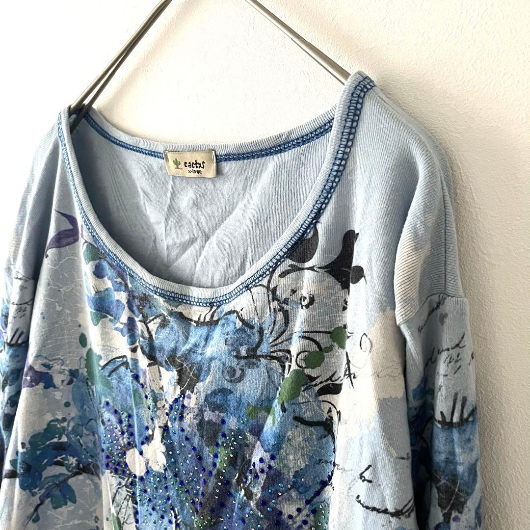 カクタス カットソー トップス ラウンドネック 花柄 XL 青 綿 USA製 — image 4