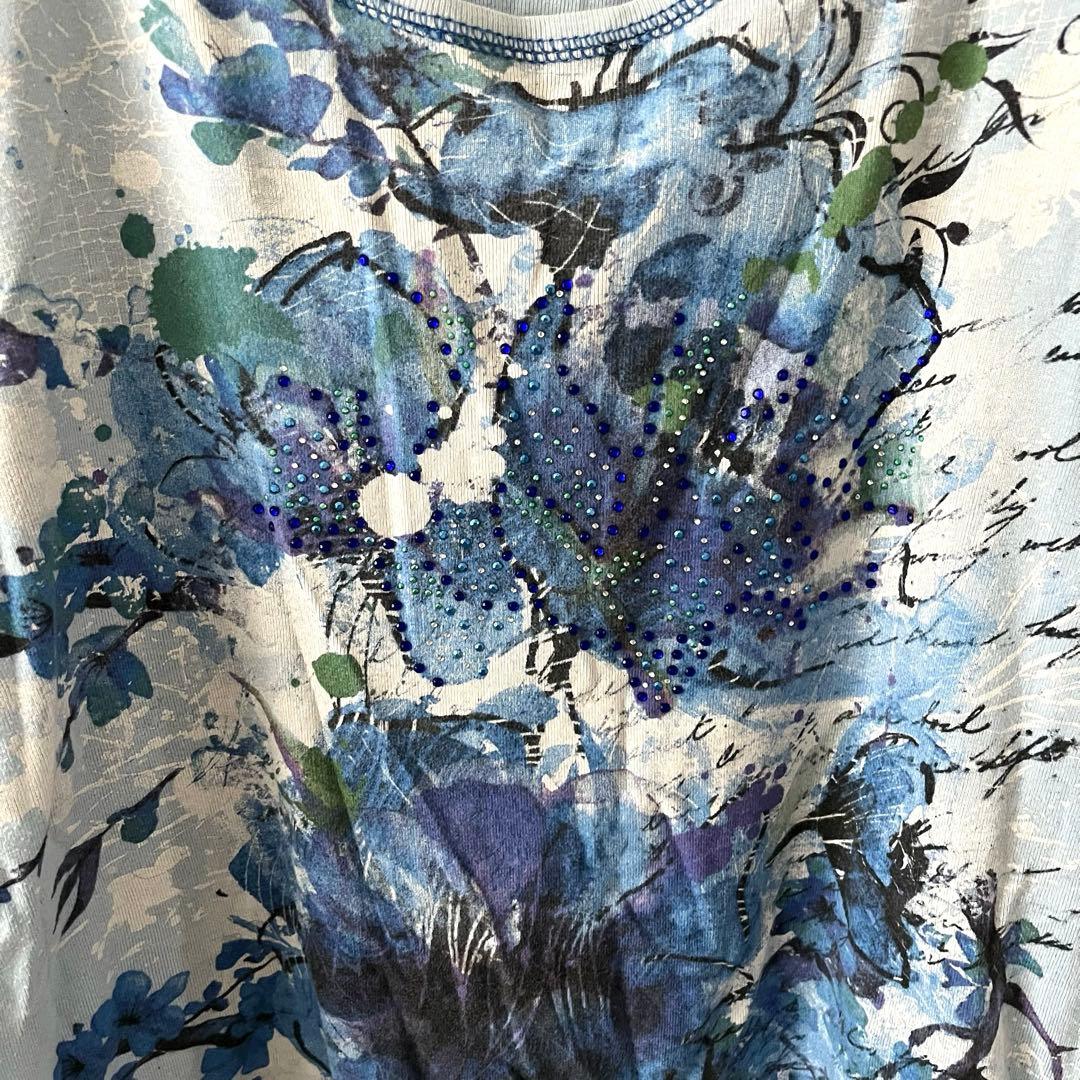 カクタス カットソー トップス ラウンドネック 花柄 XL 青 綿 USA製 — image 5