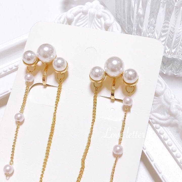 No.450 3連パールチェーンイヤリング 韓国 上品 高見え — image 3
