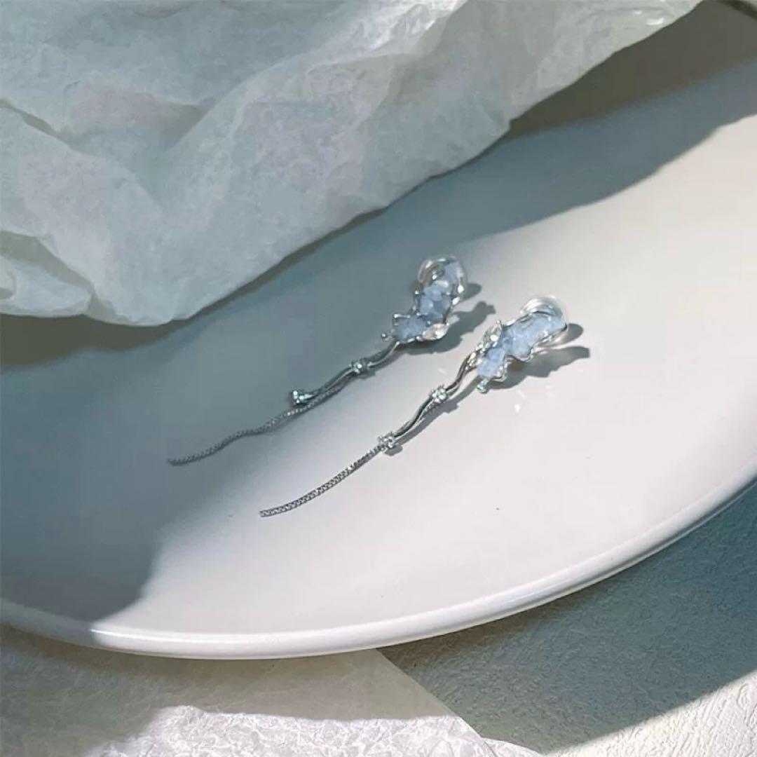 N211ブルー水晶蝶々　キラキラ　痛くない　ロング揺れるイヤリング　結婚式　韓国 — image 5