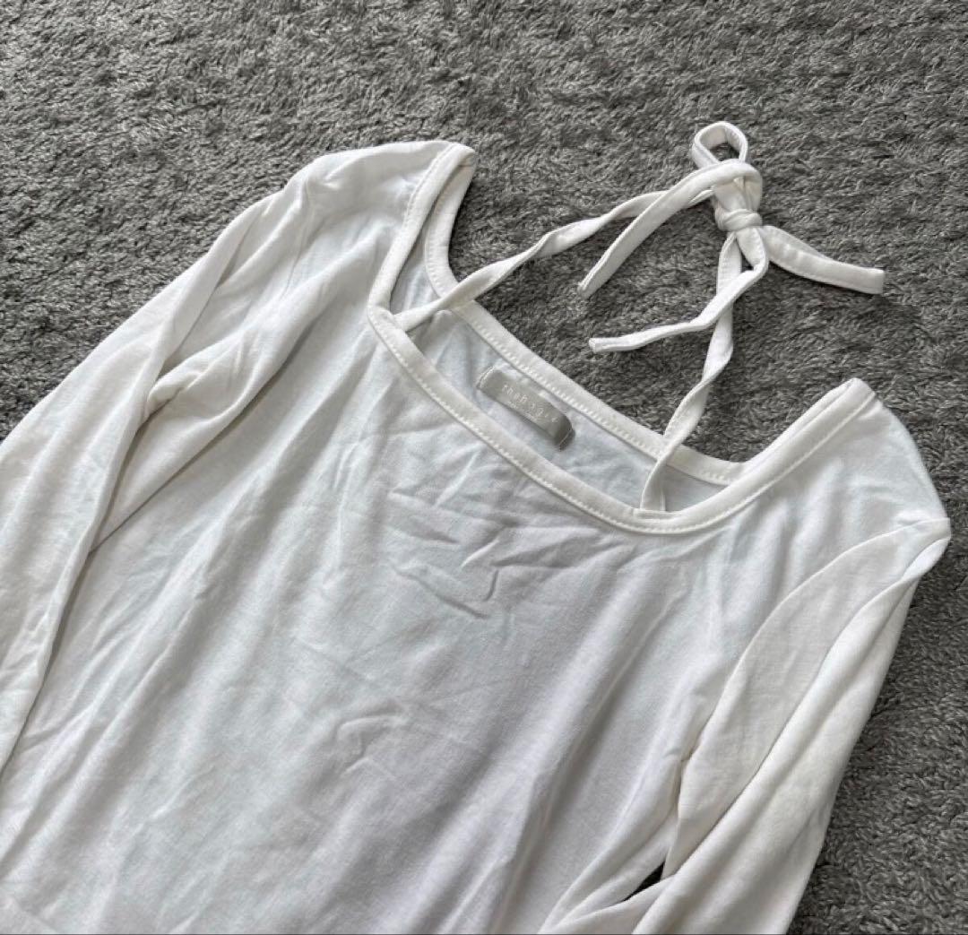 ホルターリボン短丈コンパクト長袖ストレッチTシャツオフ白S 新品 — image 2