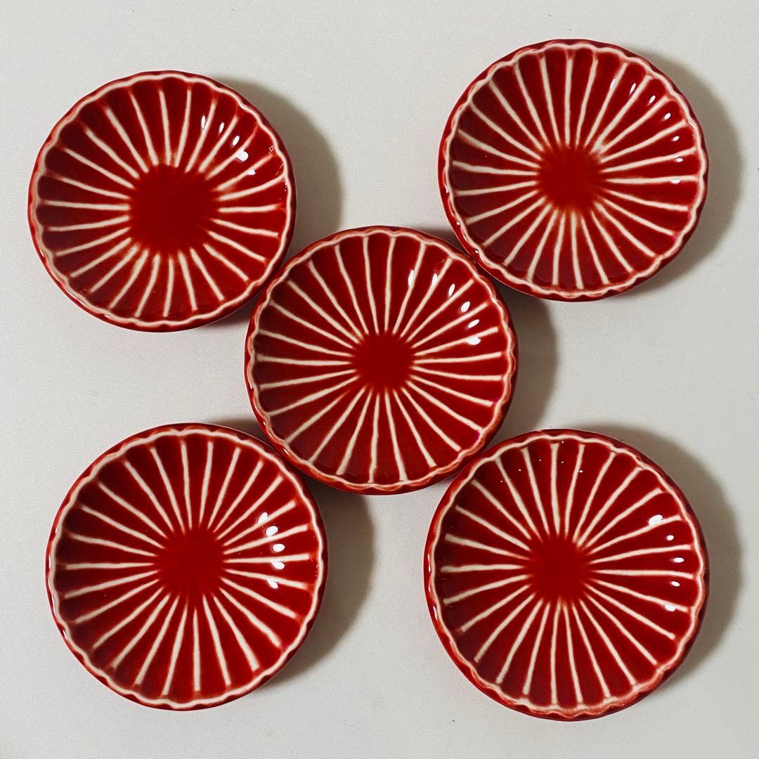 未使用 花 型 赤 小皿 食器 5枚 セット レッド 皿 陶器 豆皿 正月 — image 2
