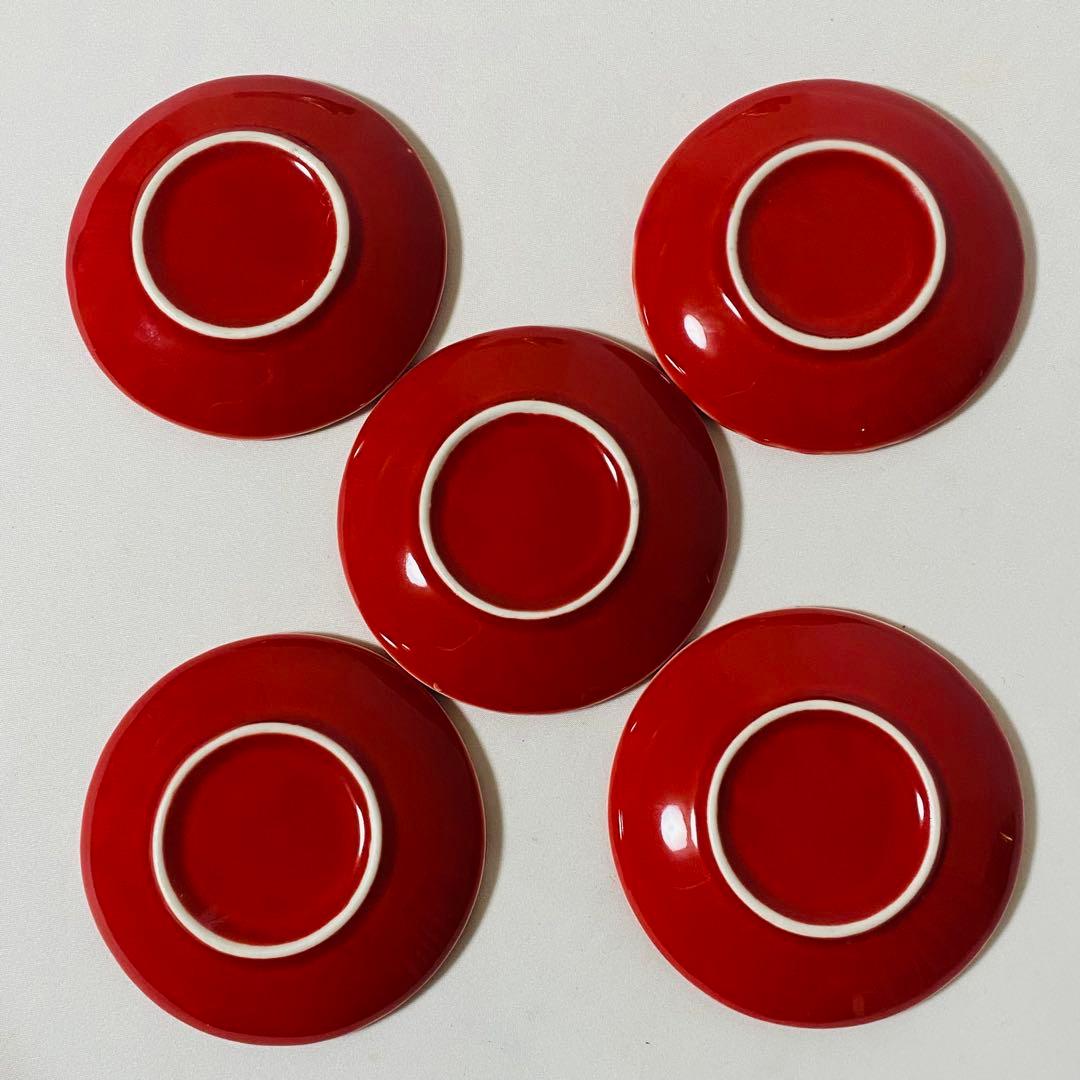 未使用 花 型 赤 小皿 食器 5枚 セット レッド 皿 陶器 豆皿 正月 — image 4