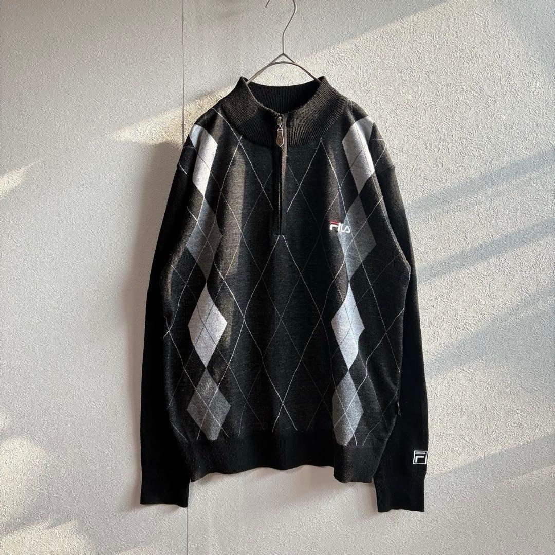 フィラ FILA ロゴ アーガイル柄 ハーフジップ セーター ニット ブラック — image 2