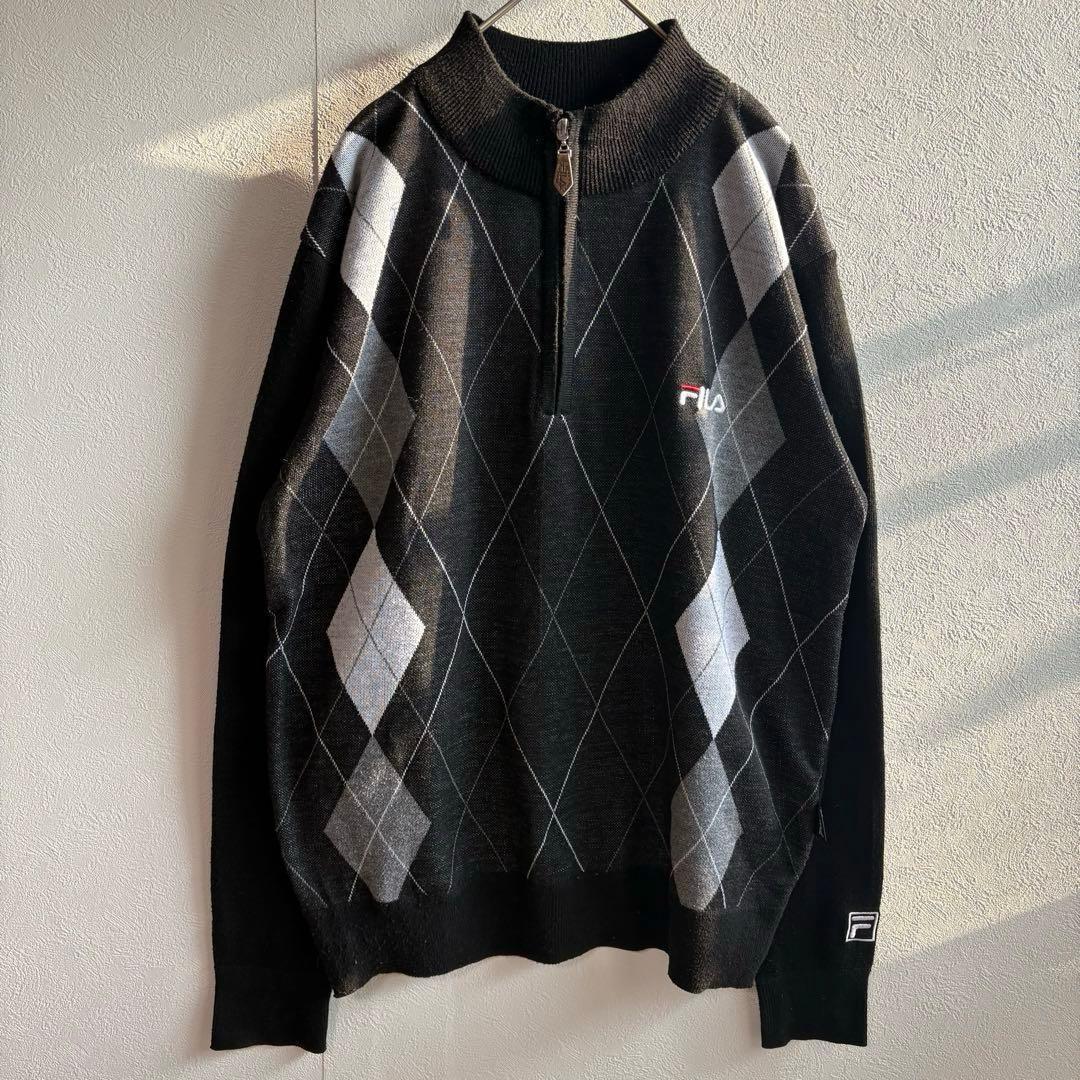フィラ FILA ロゴ アーガイル柄 ハーフジップ セーター ニット ブラック — image 4