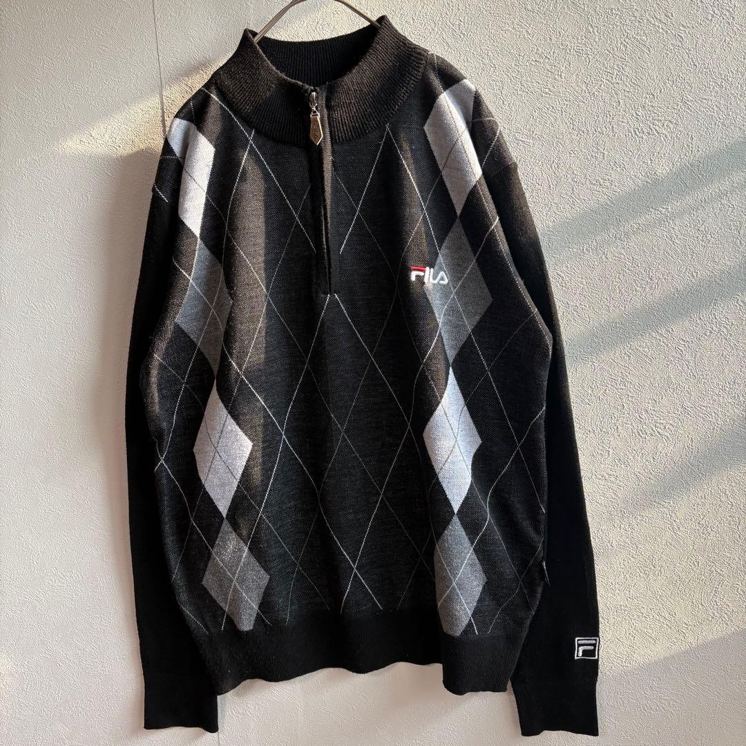 フィラ FILA ロゴ アーガイル柄 ハーフジップ セーター ニット ブラック — image 5