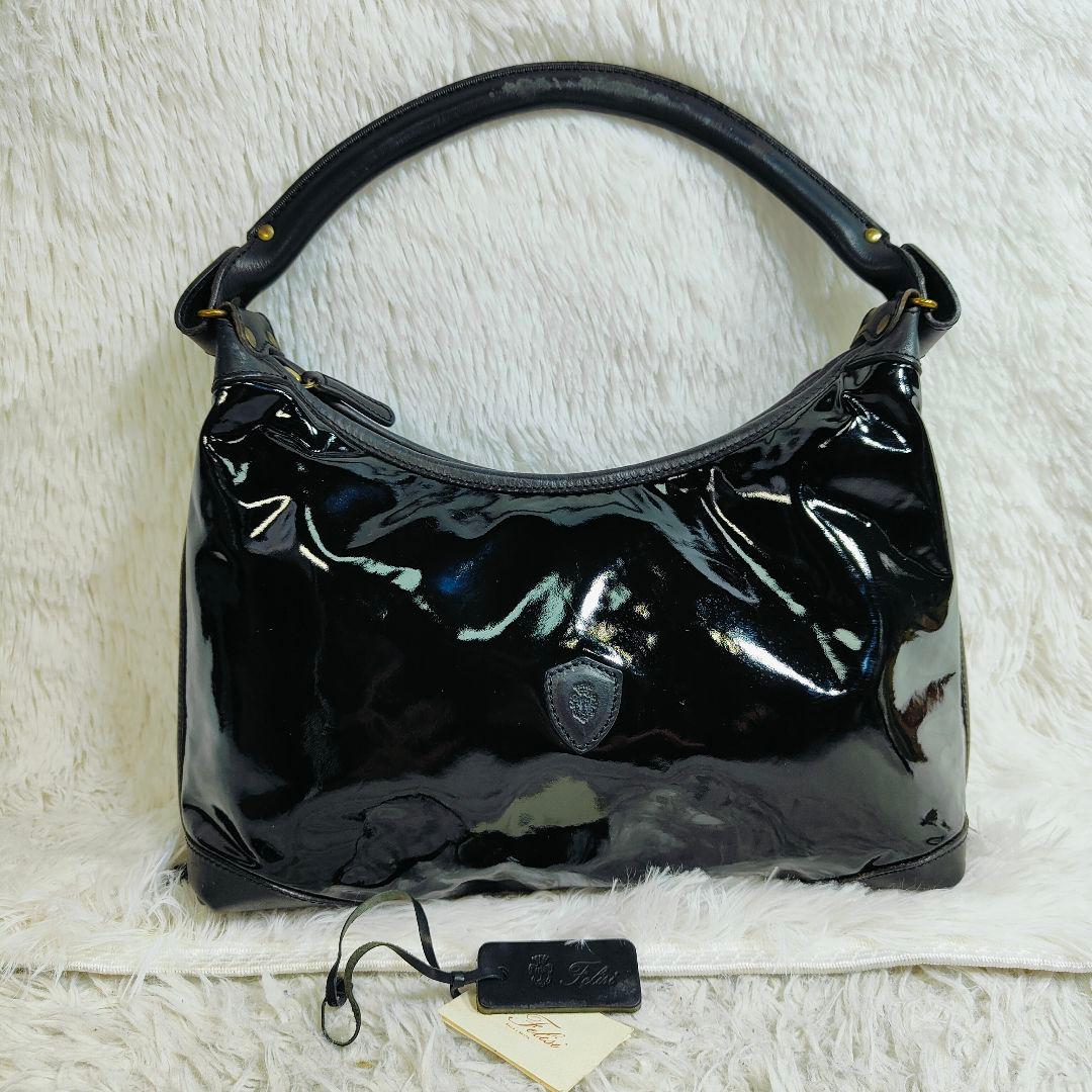 良品✨フェリージ エナメル×レザー ワンショルダーバッグ 黒 02-59 — image 2