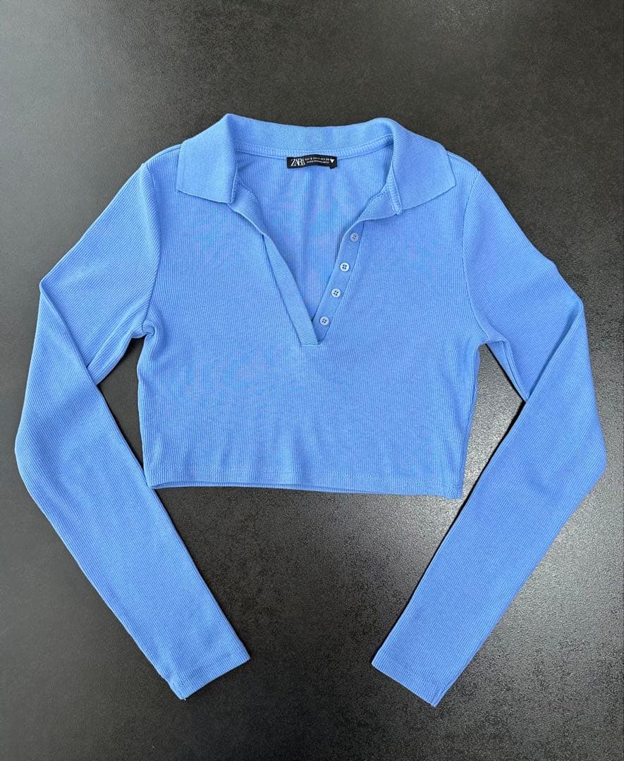 【未使用】 ZARA リブニット ポロシャツ 長袖 クロップド丈 ブルー — image 2