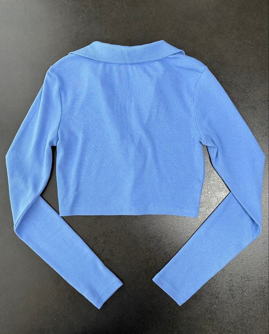【未使用】 ZARA リブニット ポロシャツ 長袖 クロップド丈 ブルー — image 3