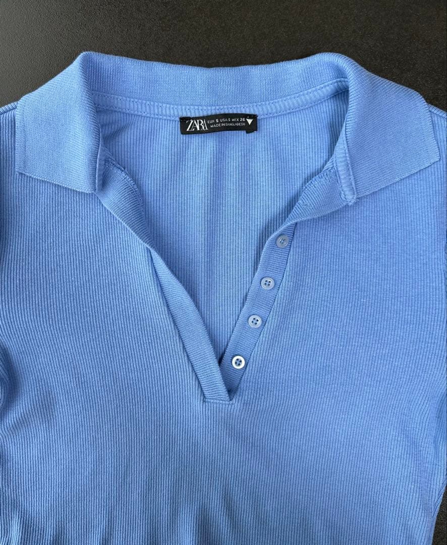 【未使用】 ZARA リブニット ポロシャツ 長袖 クロップド丈 ブルー — image 4