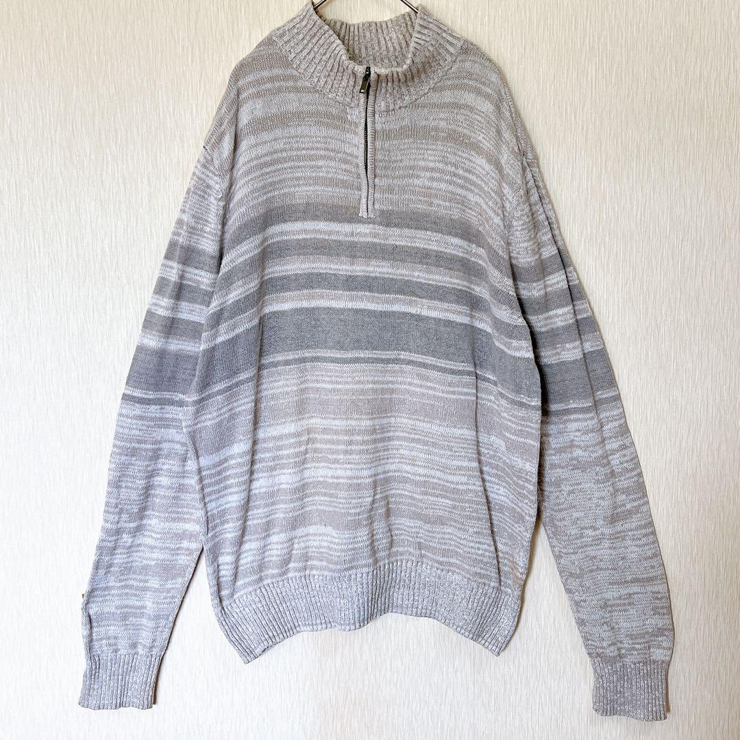 ☘️ アーバンパイプライン ニット ハーフジップ ボーダー XL 灰 綿混 — image 2