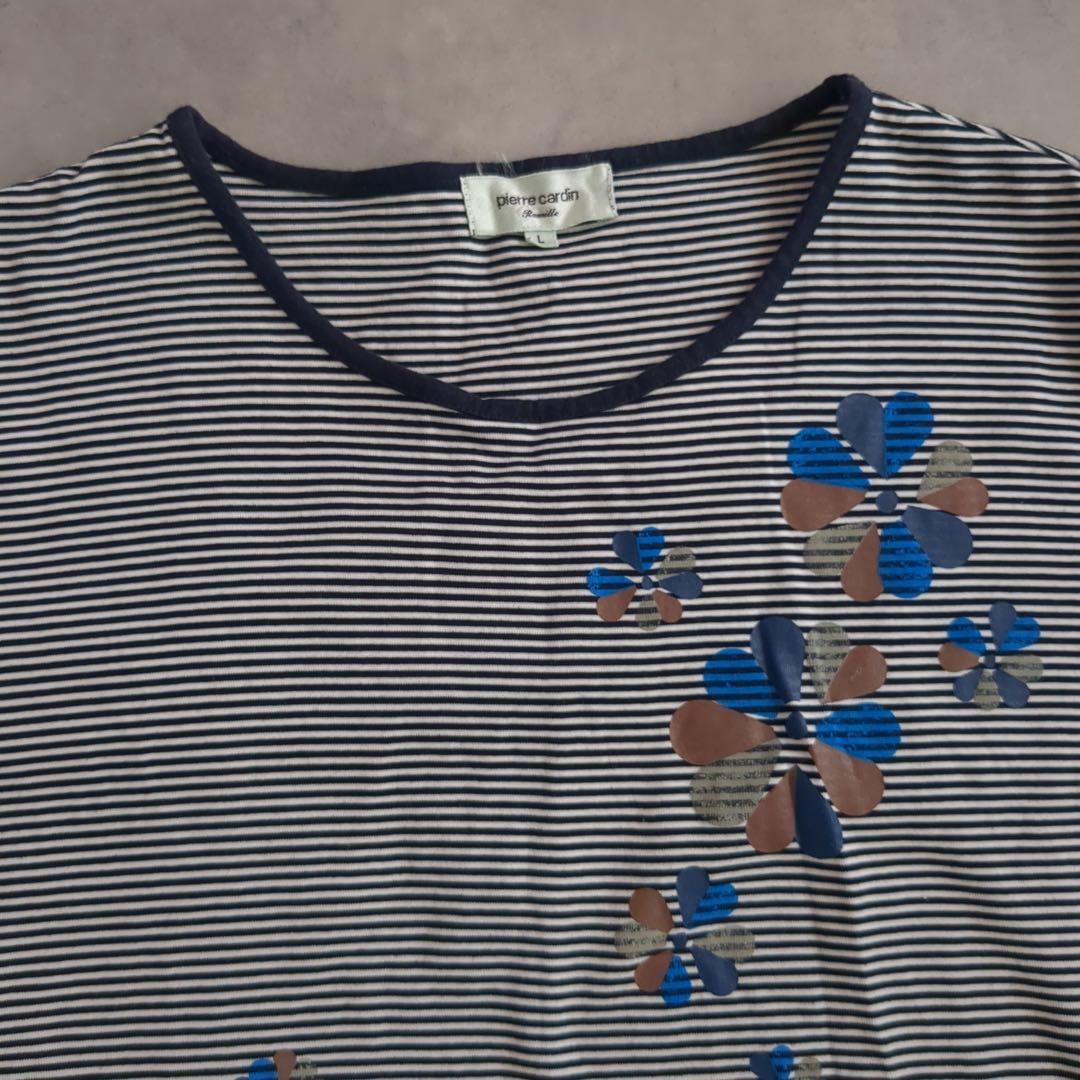 ピエールカルダン ボーダー花柄半袖Tシャツ【L】ネイビー日本製 コットンブレンド — image 2