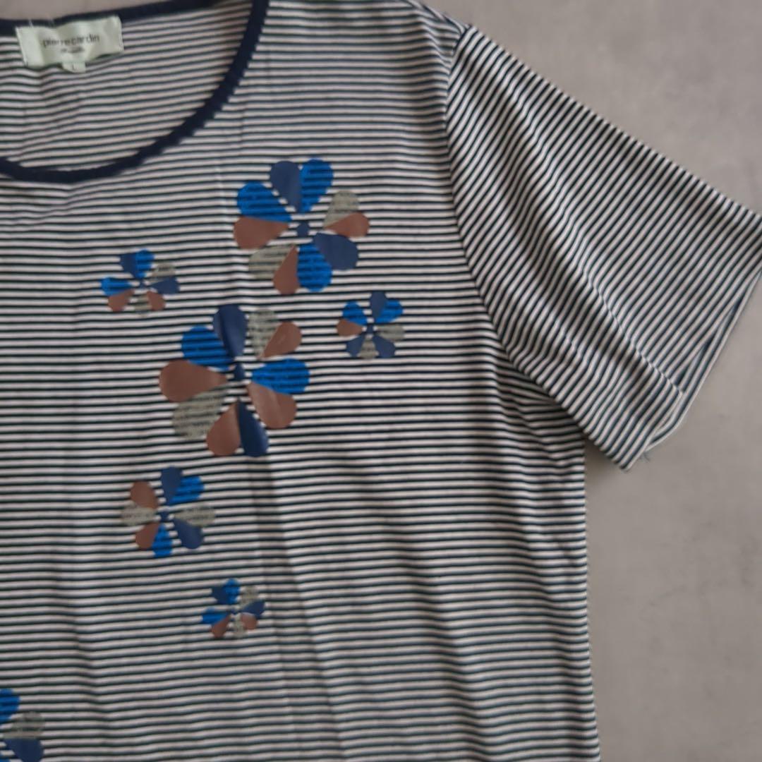ピエールカルダン ボーダー花柄半袖Tシャツ【L】ネイビー日本製 コットンブレンド — image 3