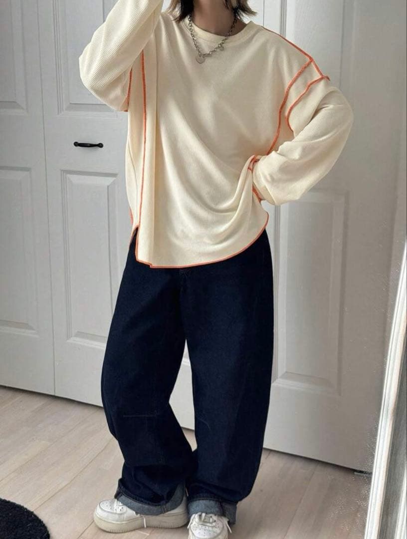SHEIN FRIFUL✴︎配色ステッチ ワッフル長袖プルオーバーアイボリーXL — image 2