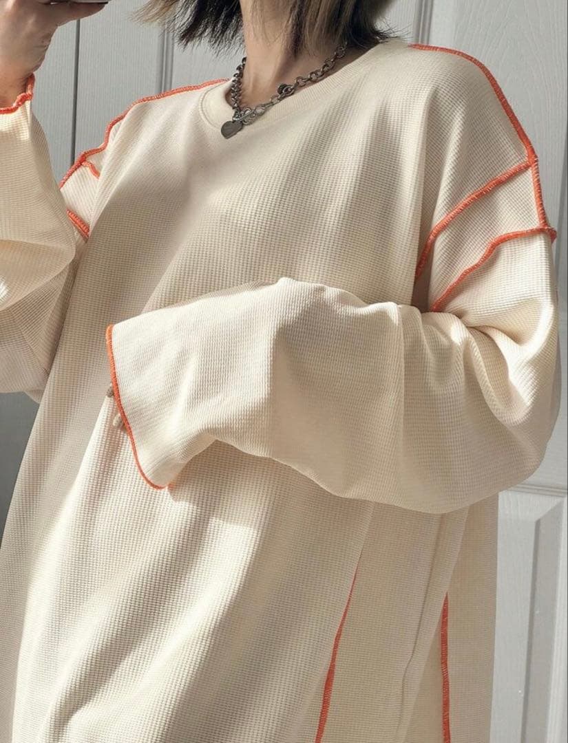 SHEIN FRIFUL✴︎配色ステッチ ワッフル長袖プルオーバーアイボリーXL — image 3