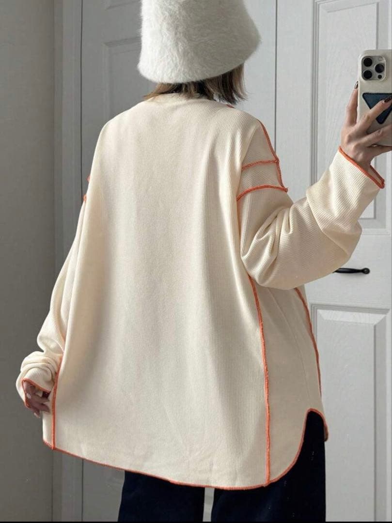 SHEIN FRIFUL✴︎配色ステッチ ワッフル長袖プルオーバーアイボリーXL — image 4