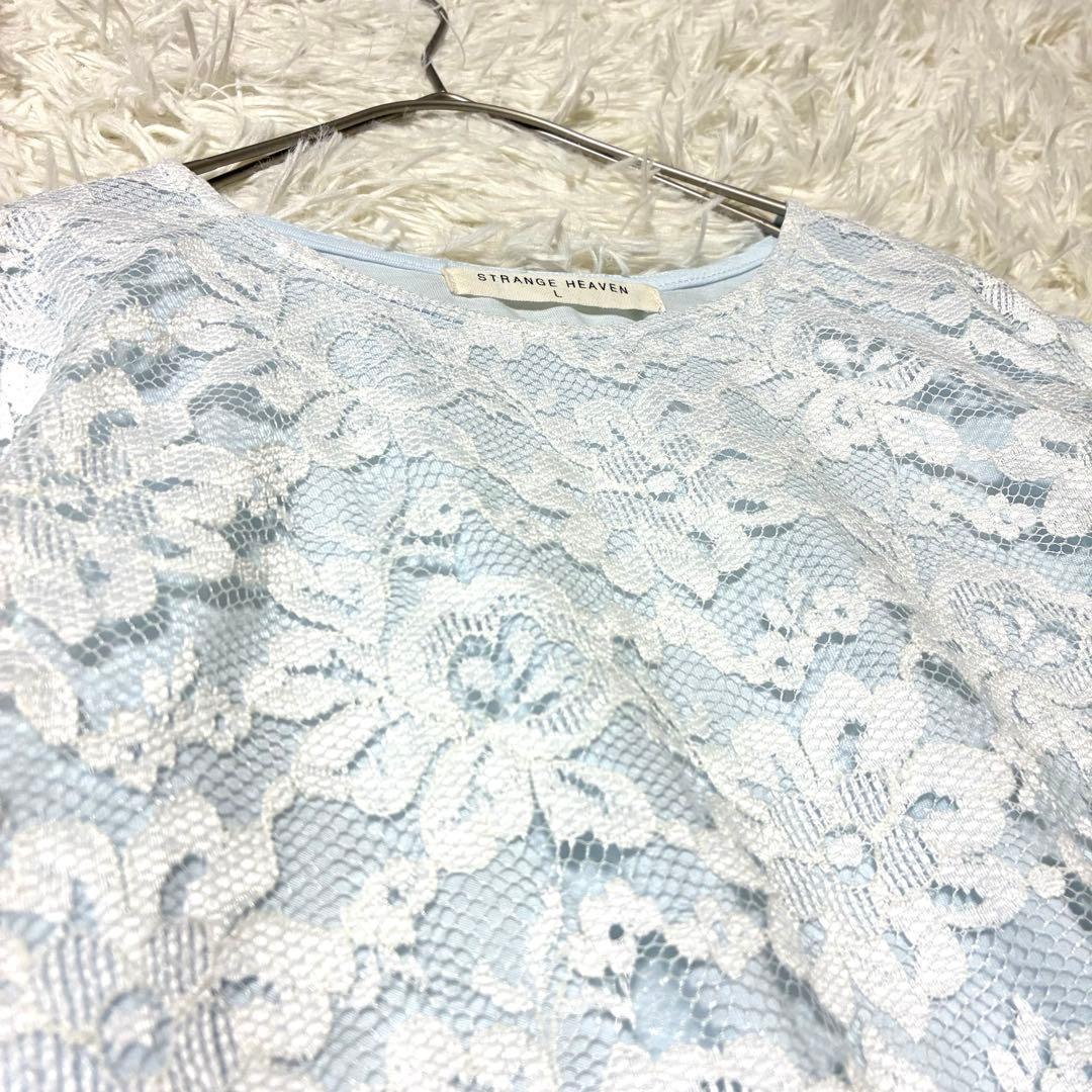 ストレンジヘブン レーストップス 半袖 白/水色 L 花柄レース きれいめ — image 3