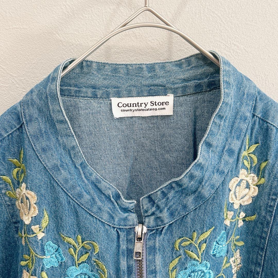 ★カントリーストア 花柄刺繍 デニムベスト L スタンドカラー ノースリーブ — image 3