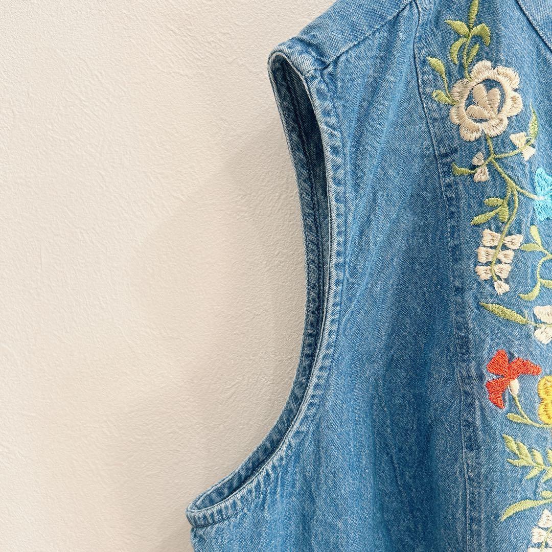 ★カントリーストア 花柄刺繍 デニムベスト L スタンドカラー ノースリーブ — image 4