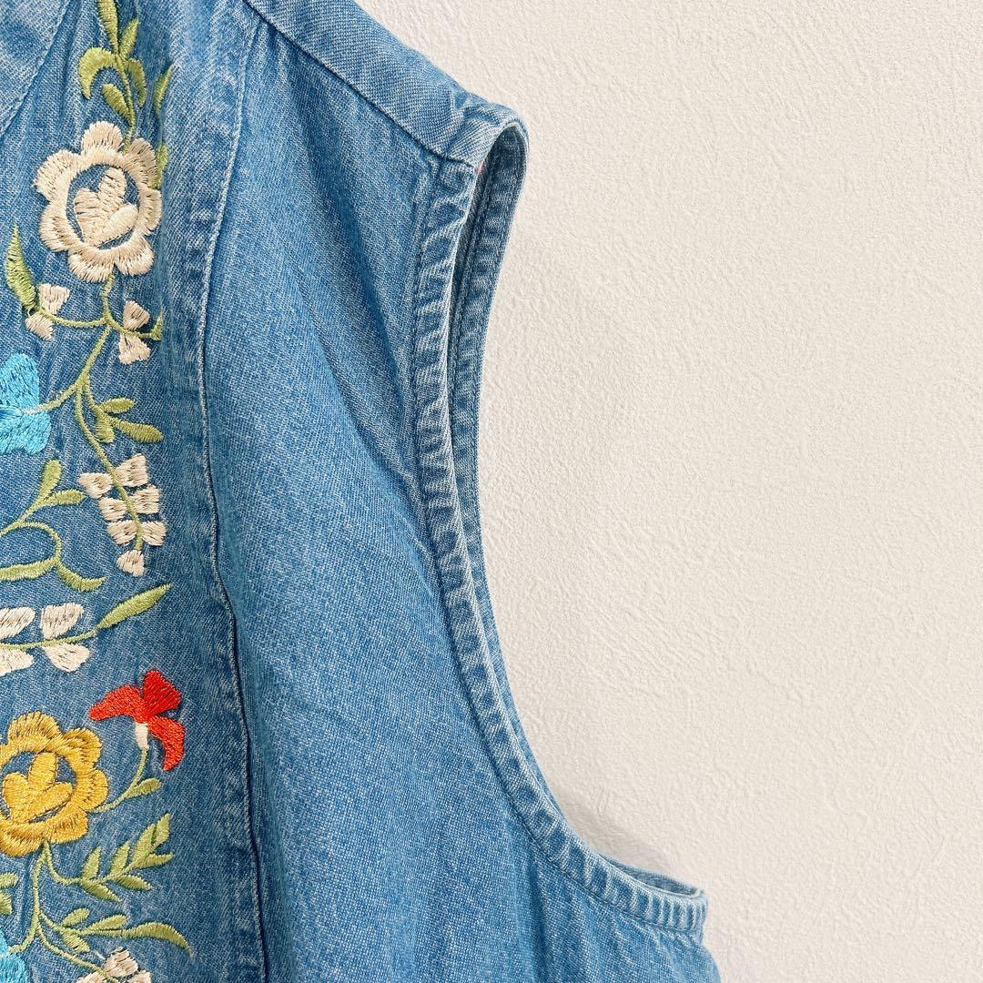 ★カントリーストア 花柄刺繍 デニムベスト L スタンドカラー ノースリーブ — image 5