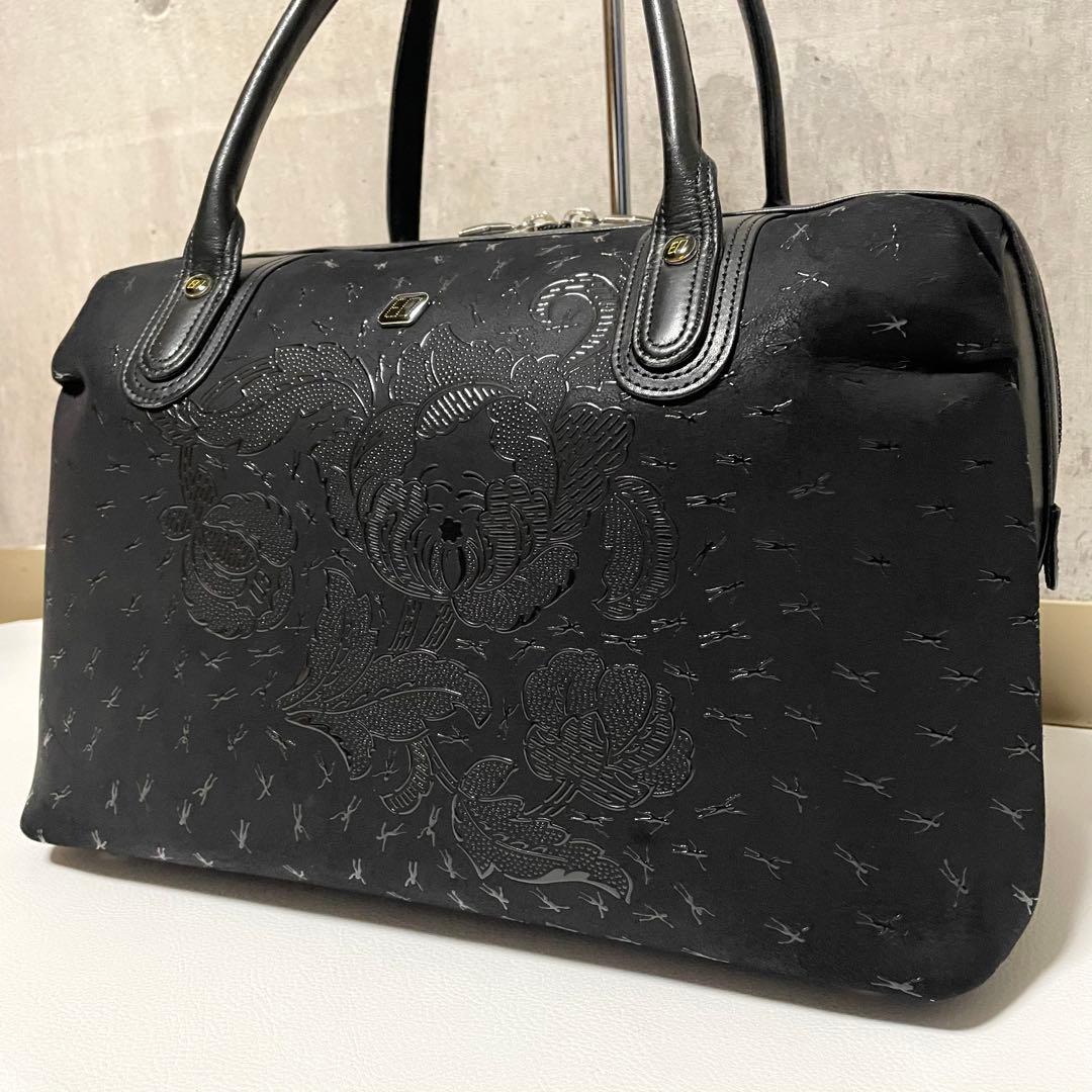 極美品 印傳屋 ハンドバッグ ミニボストン キャレー 黒漆 人柄 鹿革 ブラック — image 2