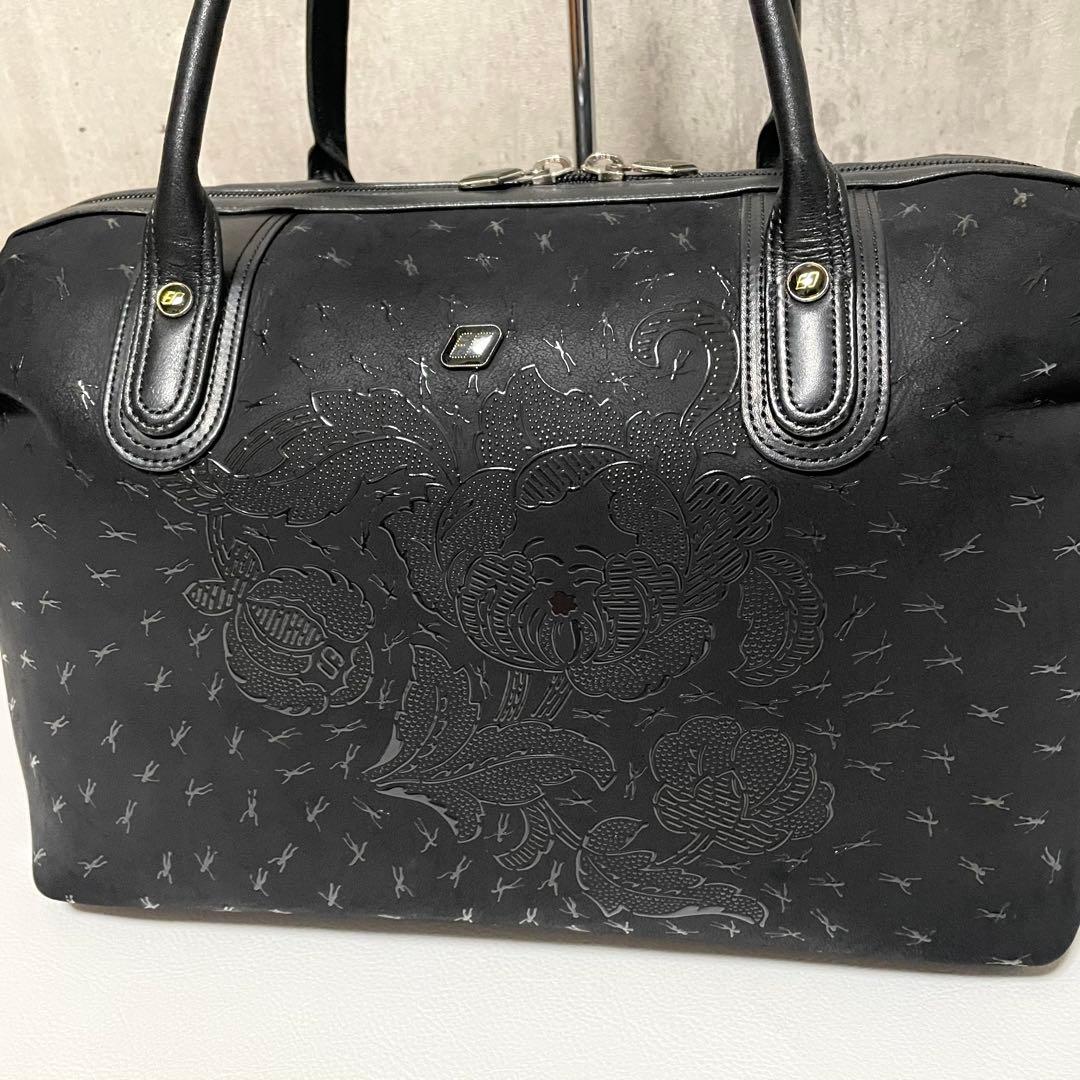 極美品 印傳屋 ハンドバッグ ミニボストン キャレー 黒漆 人柄 鹿革 ブラック — image 3