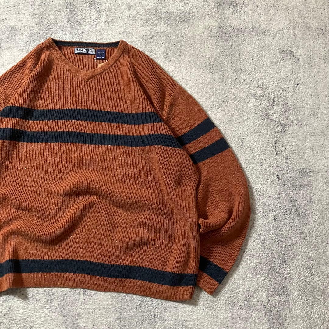 90sSTRUCTUREボーダーデザインコットンラミーニットオレンジシティー古着 — image 3
