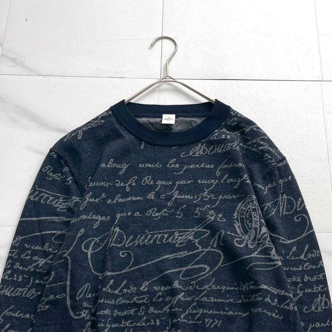 美品✨Berluti クラシック スクリット カリグラフィ ニット 総柄 紺 — image 3