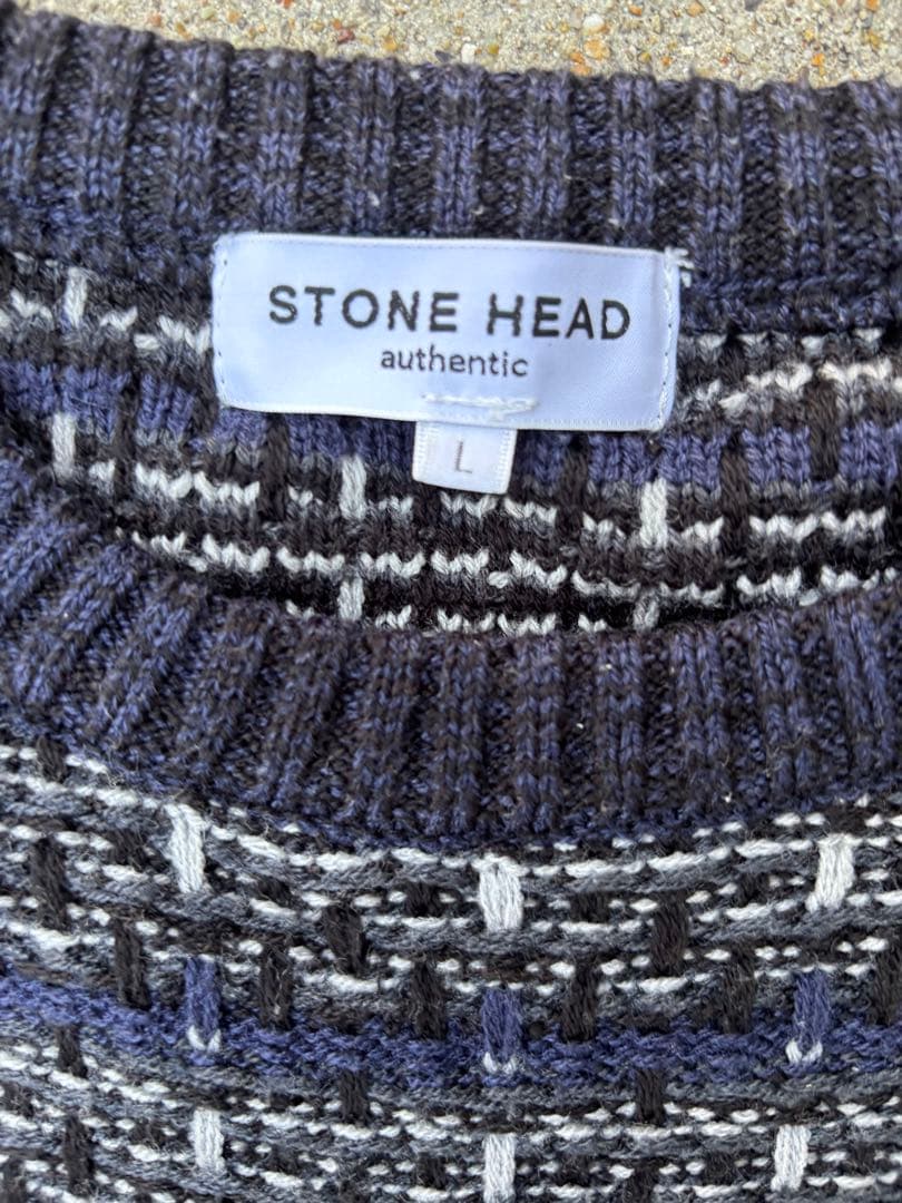 STONE HEAD 総柄 3D風 ニット セーター L 幾何学 レトロ — image 3