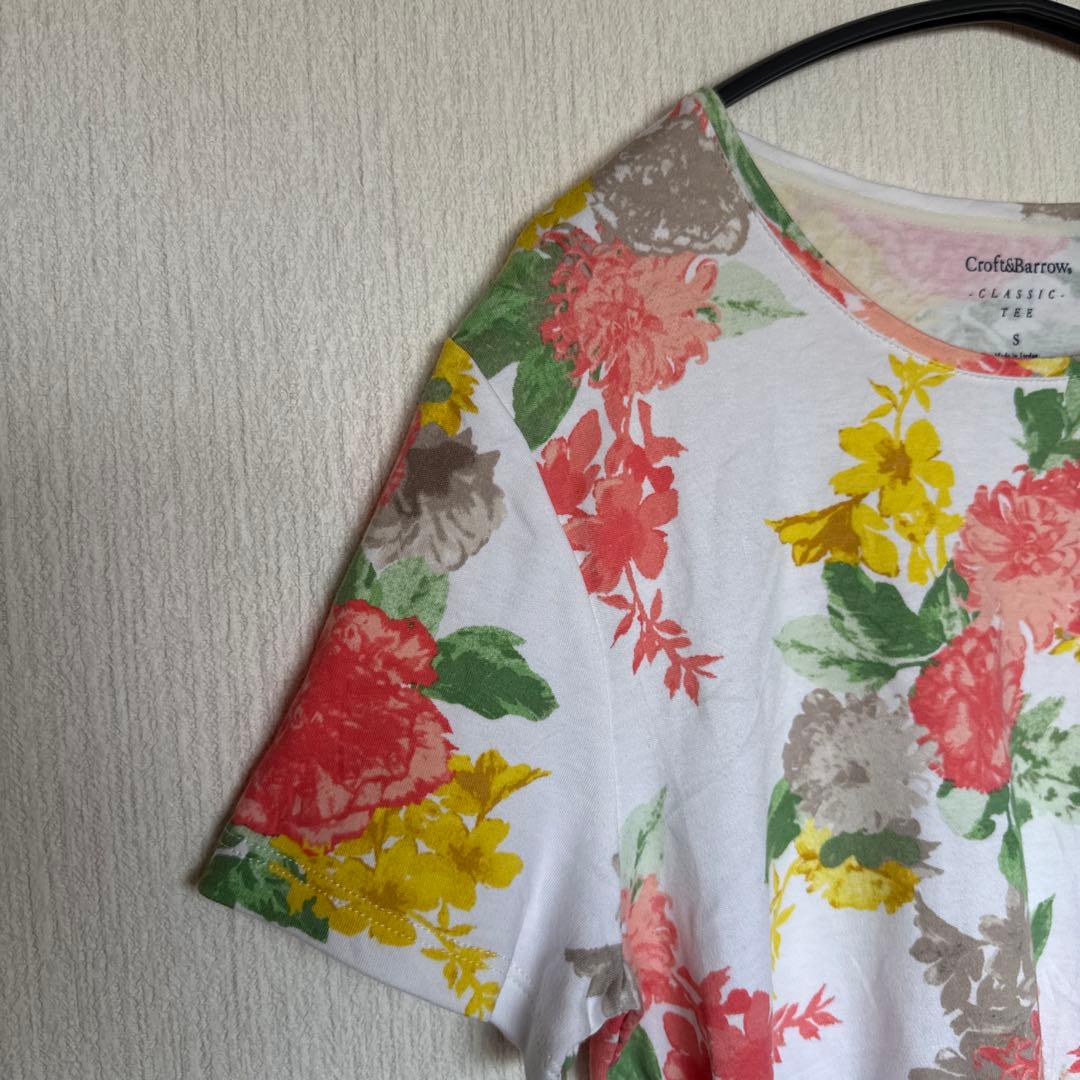 クロフトアンドバロー 花柄 クルーネック 半袖 Tシャツ S 白 赤 黄 緑 — image 3