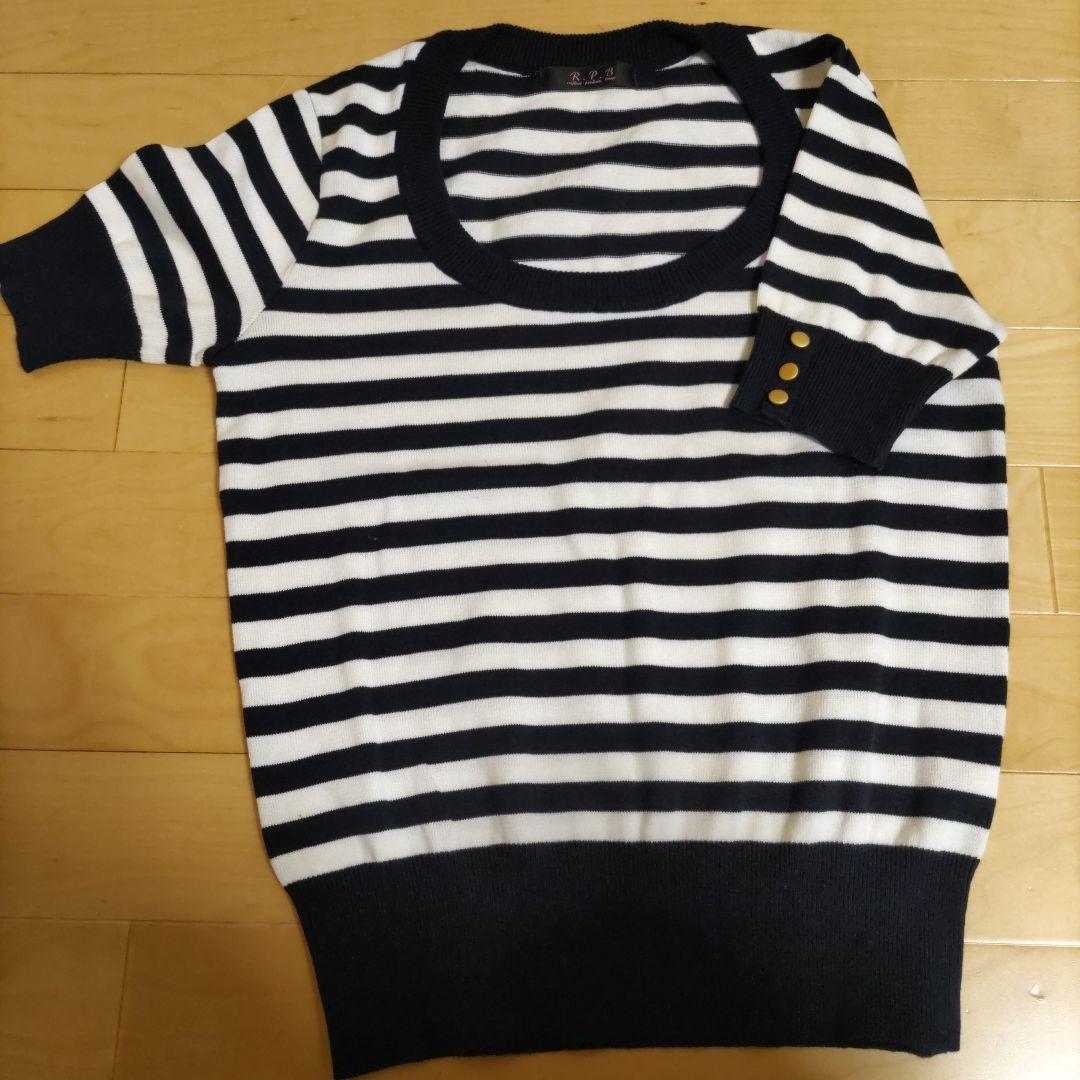 新品　R.P.B ボーダー 半袖ニット ゴールドボタン — image 2