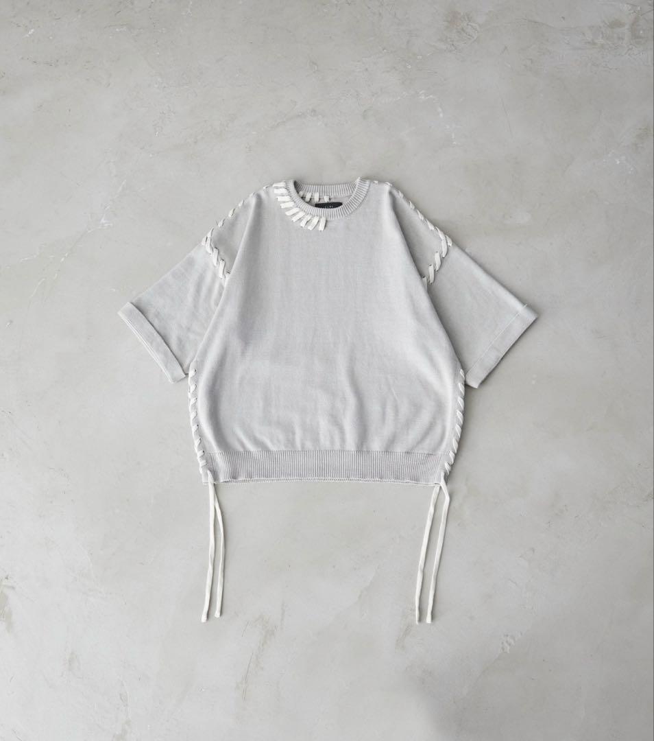 CLEL ハンドステッチ 半袖サイドレースニット L グレー系 — image 2