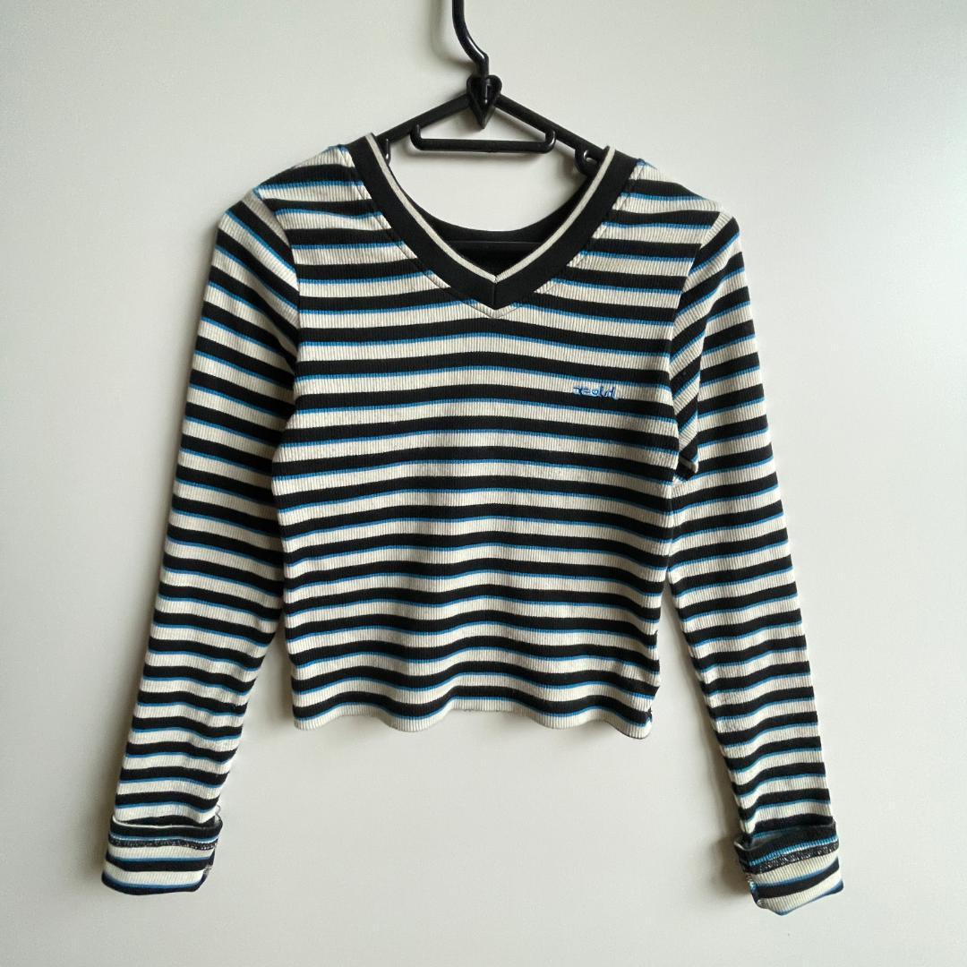 【X-GIRL】 (S)リユース品: 長袖カットソー Vネック リブ ボーダー柄 — image 2