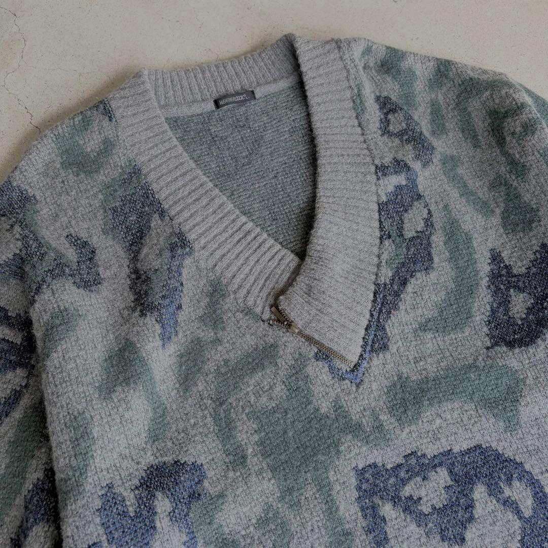 vintage Vネック ニットセーター（迷彩柄）　Vネックニット　グレー　緑 — image 2