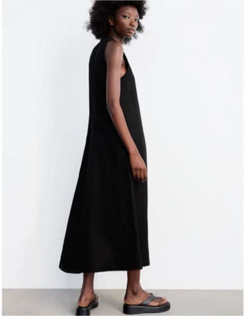 《ZARA》美品　パフリネンブレンドワンピース　ブラック　麻綿　ノースリーブ　M — image 2