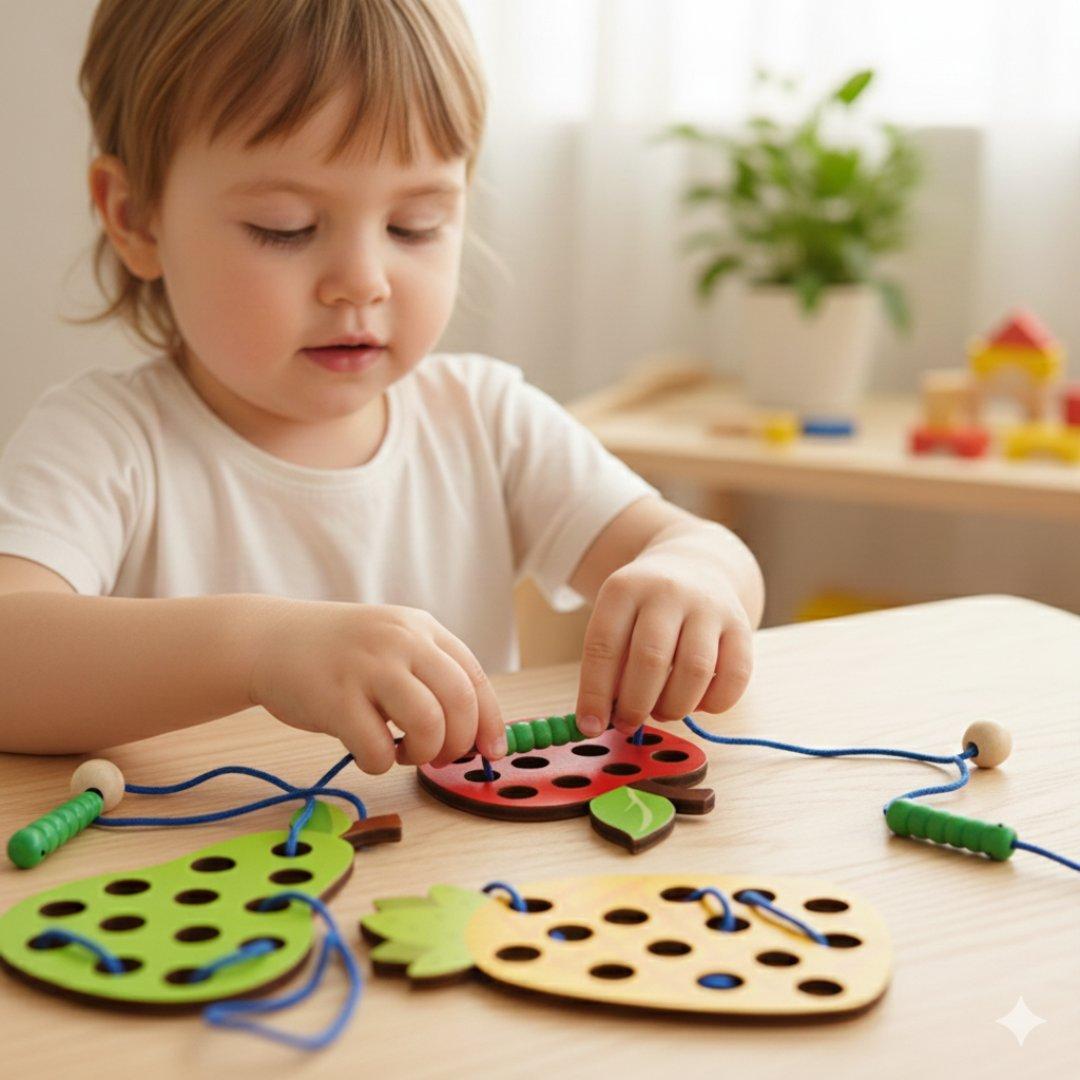 木製ひも通し 知育玩具 モンテッソーリ あおむし フルーツ 3歳 4歳 5歳 — image 2