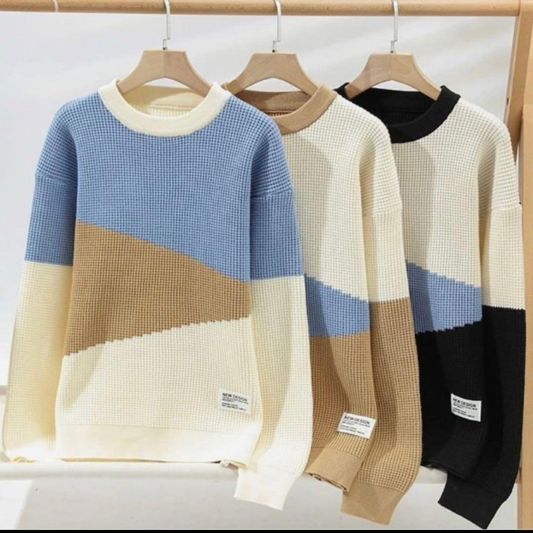 ブロックカラー ニット セーター ワッフル調 ビッグシルエット 青 3XL — image 2