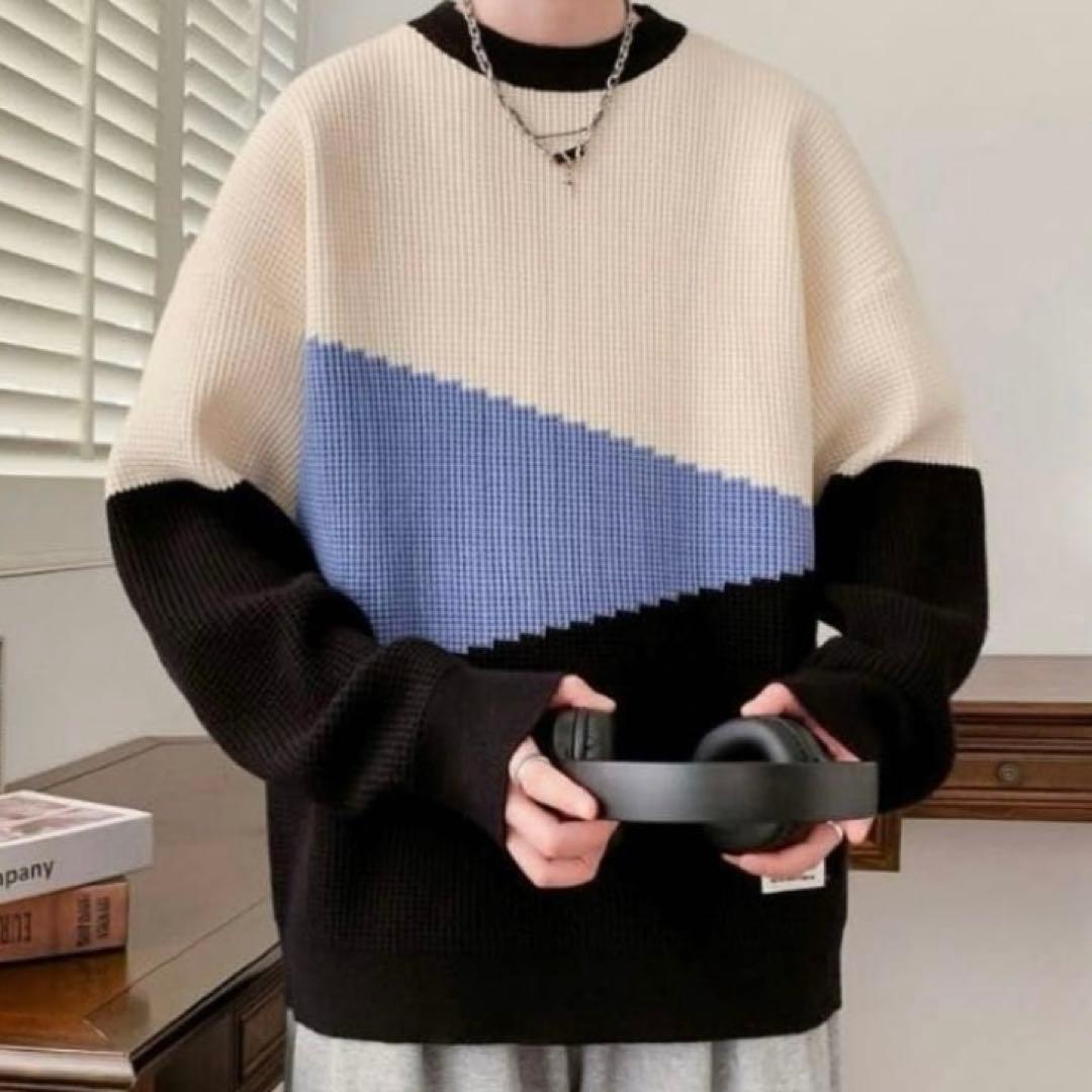 ブロックカラー ニット セーター ワッフル調 ビッグシルエット 青 3XL — image 5