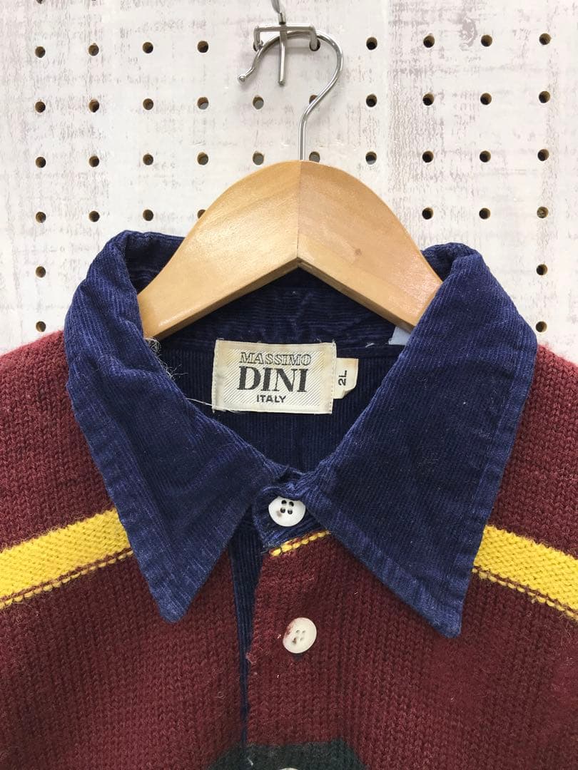 MASSIMO DINI古着 コーデュロイ襟切替 ボーダー ニットラガーシャツ — image 3