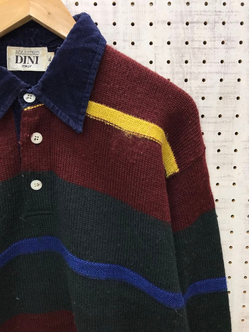 MASSIMO DINI古着 コーデュロイ襟切替 ボーダー ニットラガーシャツ — image 4