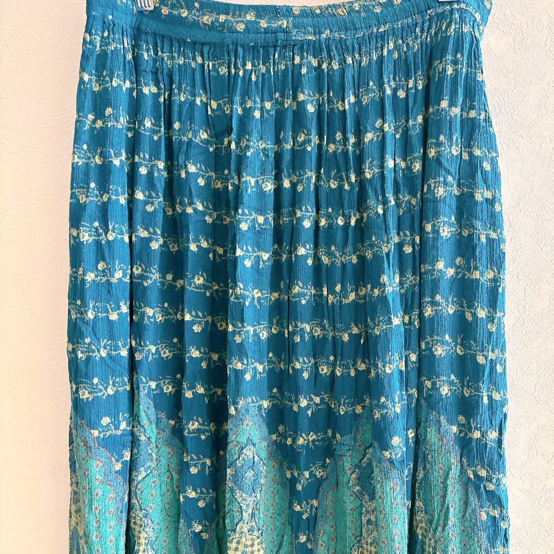 ★ウェットシール マキシスカート 花柄 XS 青 緑 レーヨン 夏 お出かけ — image 4