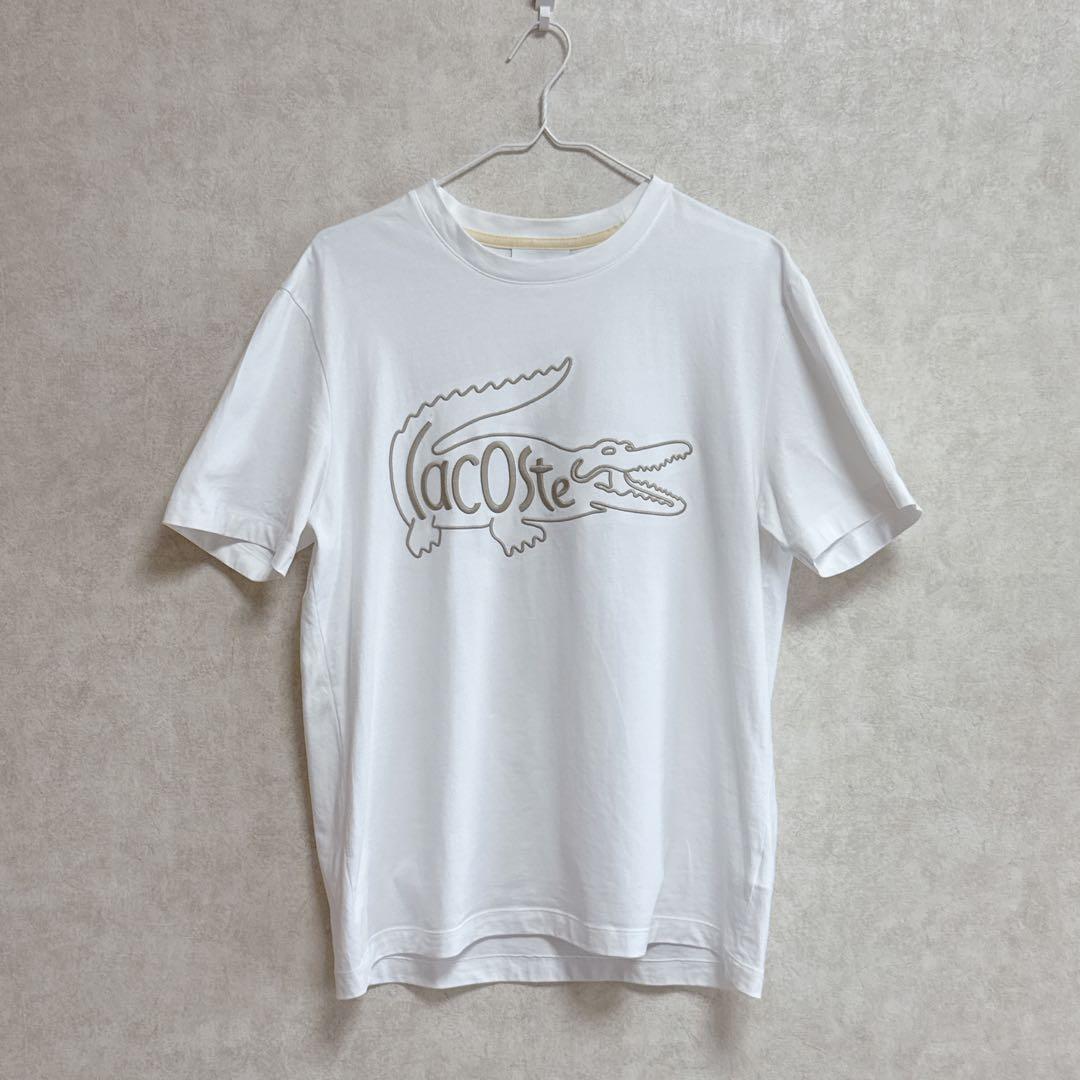 LACOSTE ビッグロゴ刺繍Tシャツ US M（M〜L相当）白 美品 — image 3
