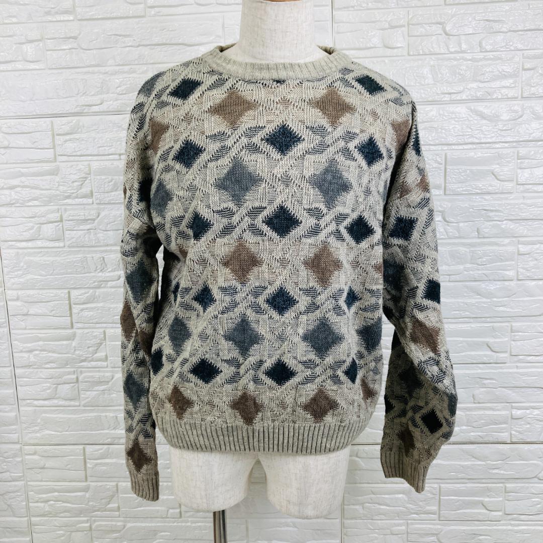 希少 natural issue 総柄 ニット L 3Dセーター ダイヤ柄 古着 — image 2