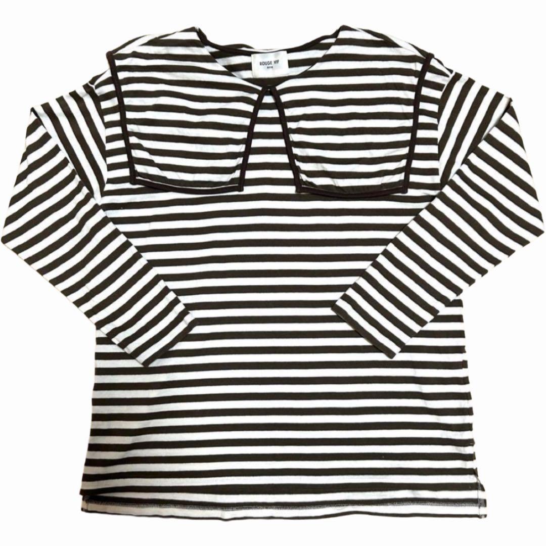 ブラウン ボーダー ビッグカラー つけ襟 長袖 Tシャツ — image 4
