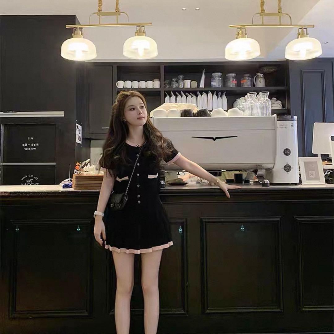 Merci latte バイカラー 半袖 ニット セットアップ ブラック ピンク — image 4