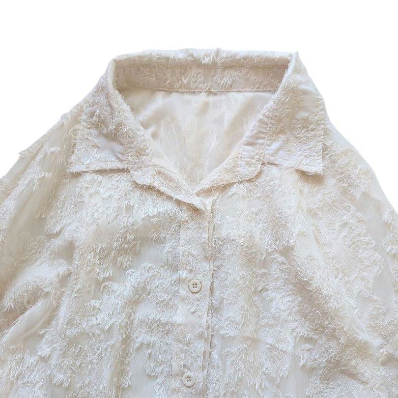 美品【FRIFUL】長袖 フェザーブラウス 花柄シャギー シアー 羽織り 春夏 — image 4