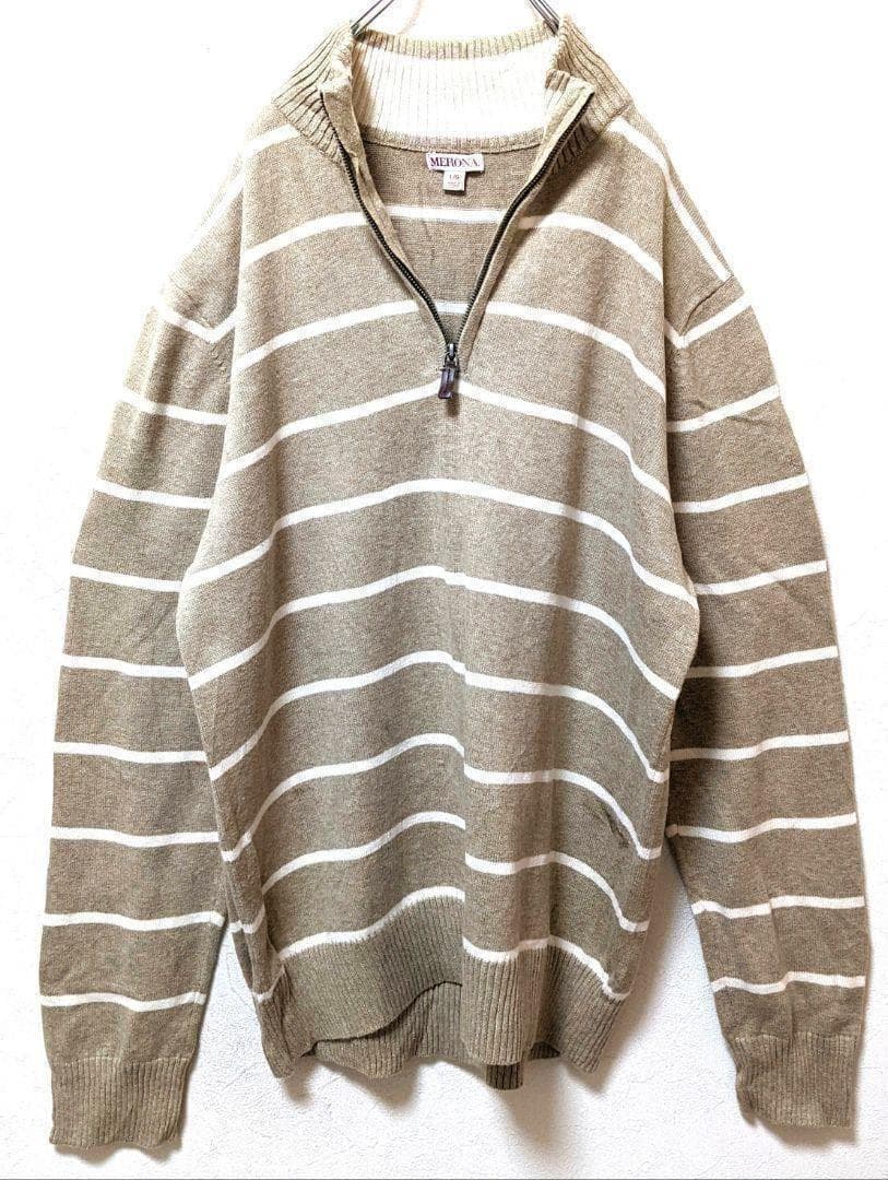 メローナ ハーフジップ L 古着 ベージュ ニットセーターストライプ — image 5