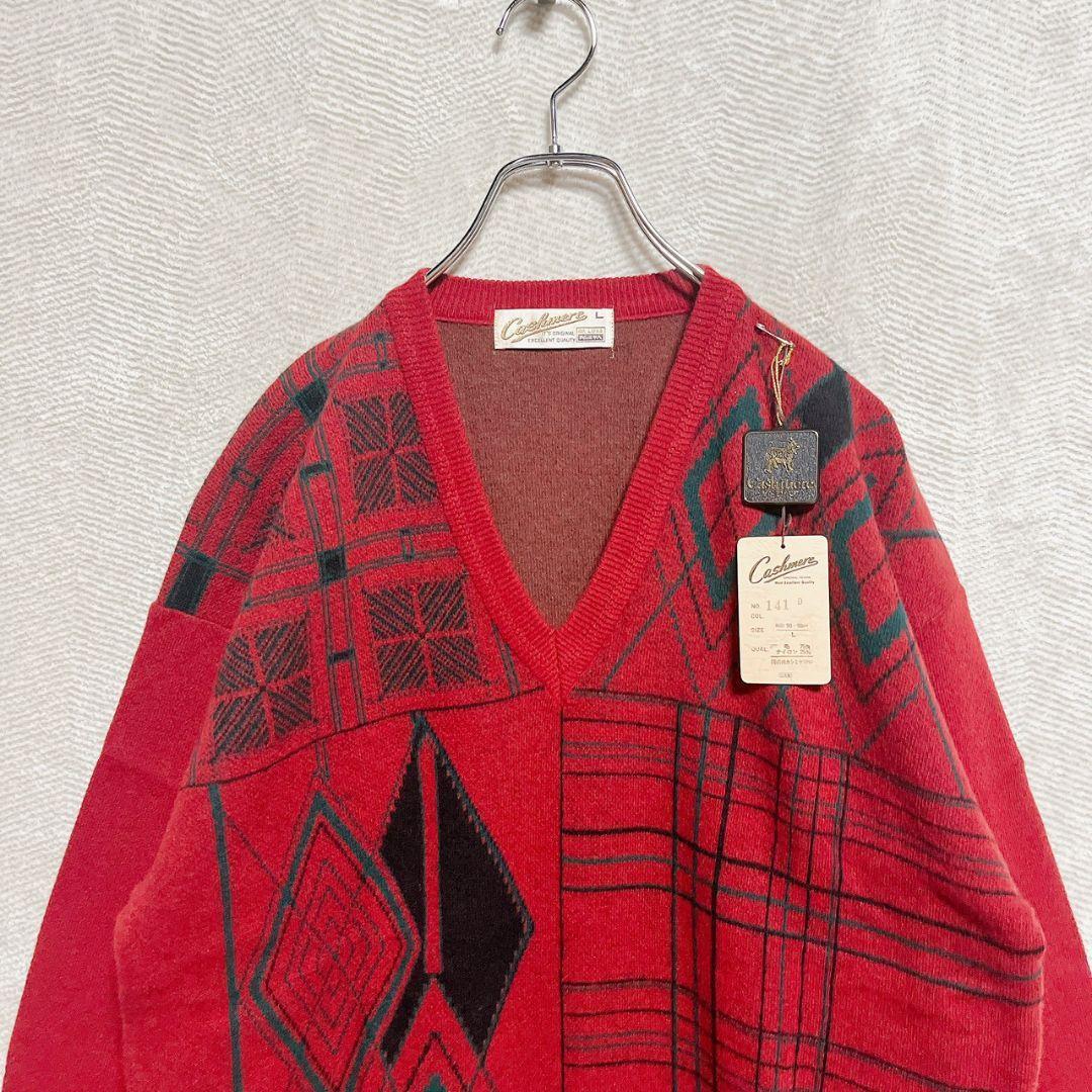 Cashmere Vネックセーター L 赤 幾何学柄 ヴィンテージ 90s 希少 — image 2