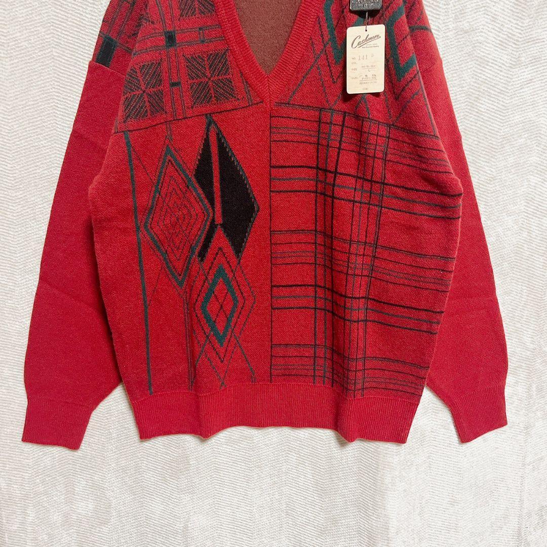 Cashmere Vネックセーター L 赤 幾何学柄 ヴィンテージ 90s 希少 — image 3